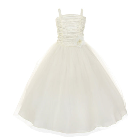 Big Girls Ivory Crinkled Bodice Floral Adorned Tulle Flower Girl Dress 8-16 - SophiasStyle.com
